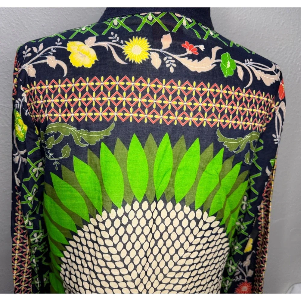 Tory Burch Women Sz 12 Navy Green Floral Medallion Tunic Side Zip Cotton Top